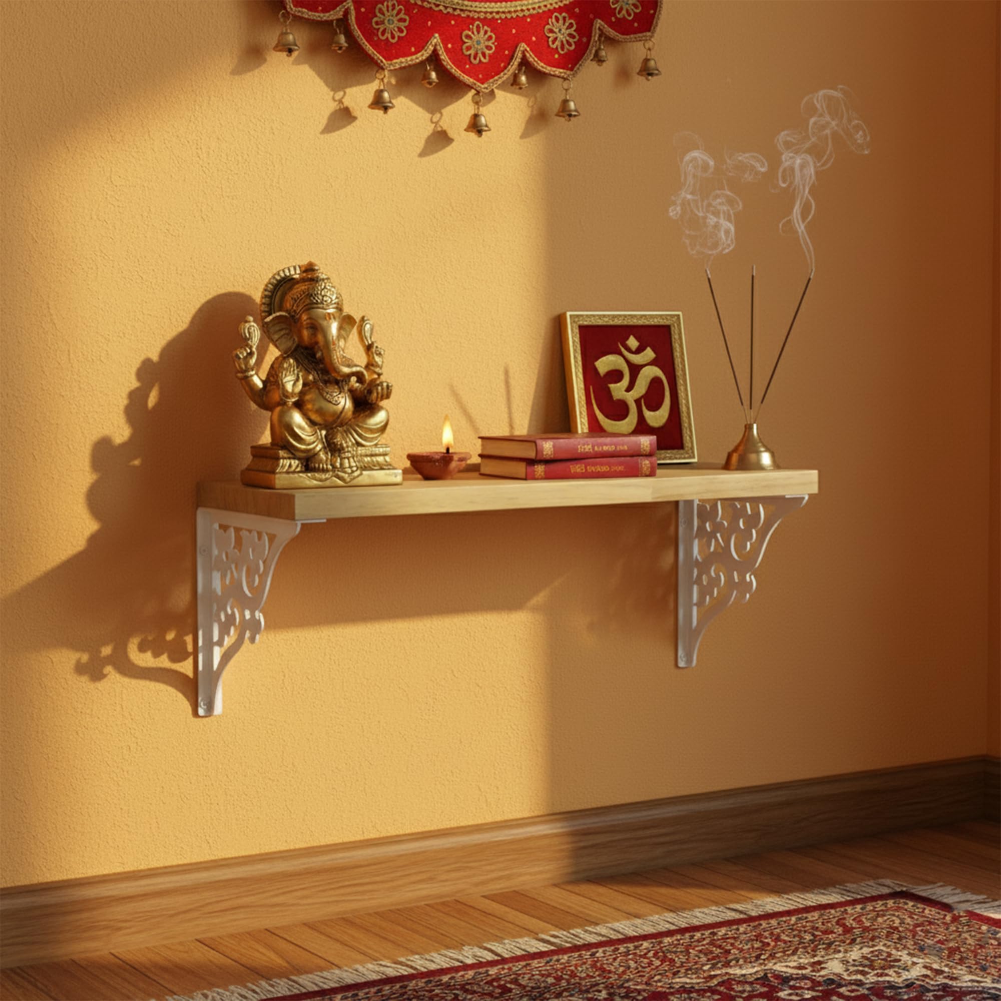 Spillbox Wooden Pooja Home Temple|White Metal Shelf |Wall